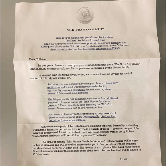 John Wayne "The Duke" Franklin Mint Limited Edition Collector Plate No G4749 - Picture 5 of 6